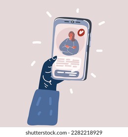 Cartoon vector illustration of With womans face on screen. Hand hold smartphone