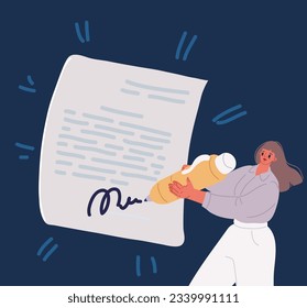 Dibujo vectorial de la firma de escritura de mano de la mujer sobre el papel sobre el fondo oscuro.