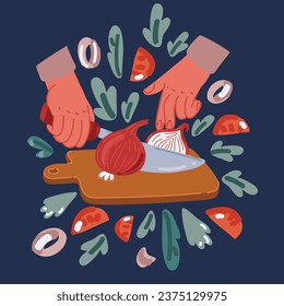 Cartoon vector illustration of Womans hands slicing a onion with a knife on wooden cutting board over dark backround