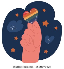 Cartoon, Vektorgrafik der Frauenhände, die das Herz in den Farben des Regenbogens auf hellblauem Hintergrund halten. LGBT-Konzept, Stolzmonat auf dunklem Hintergrund