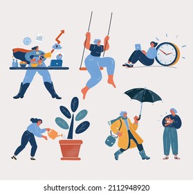 Cartoon vector illustration of womans n different situations. Working, Cooking, Walking and raises children and houseplants.
