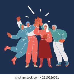 Cartoon Vector Illustration Of Women Get Together. High Fives. Movement For Equality, Freedom, Justice Over Dark Backround