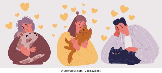 Cartoon vector illustration of women and having fun playing time with her cat and dog. Daily life with companion animals.