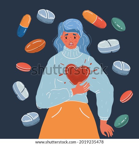 Cartoon vector illustration of women having a heart attack on dark backround. Medicine pills arround.