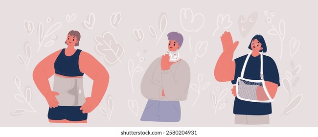 Cartoon vector illustration of Women with her broken neck, broken hand in plaster cast, sick injured woman with Shants collar, postoperative bandage