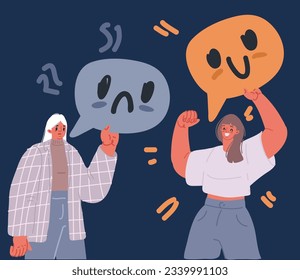 Cartoon vector illustration of women hold clouds with emotion sad and happy. Satisfaction ad bad feedback over dark backround.