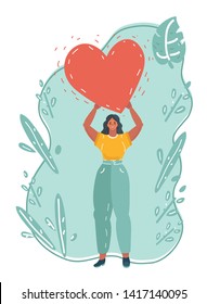 Cartoon vector illustration of women holding big heart concept. Dating, love, romance, social approval.