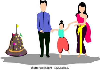 cartoon vector illustration, Women and men are happy in Thai national clothing, Songkran, children playing water and family days, parent-child activities together on holidays, 