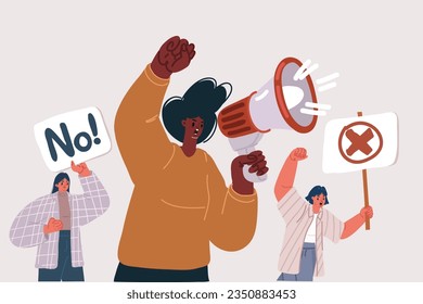 Cartoon vector illustration of Women power protest against gender violence and harassment. Female community, sisterhood, activist people together. Women cooperation