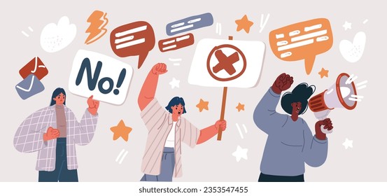 Cartoon vector illustration of Women power protest against gender violence and harassment. Girls diverse team show stop gesture. Female community,