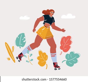 Cartoon vector illustration of women with roller blades skating and smiling. Human character on white background.