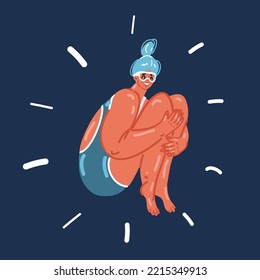 Cartoon vector illustration of Women Taking Part in High Diving Competition Race. Female Diver Swimmer in Swimsuit Jumping from Trampoline, Board, Podium. Summer Individual Water Sport over dark