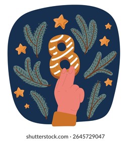 Cartoon vector illustration of Women's Day, March 8, figure eight, gingerbread over dark background