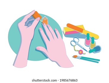 Cartoon vector illustration of women's hands with manicure. Bright illustration of nail accessories