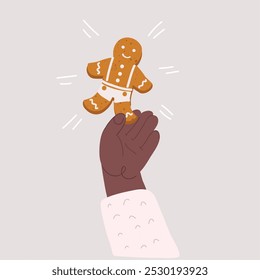 Cartoon vector illustration of Women's hands hold Gingerbread cookies on the baking rack for Christmas celebration