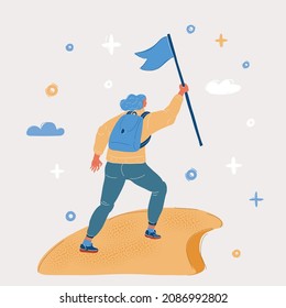 Cartoon vector illustration of womn on top of the world,