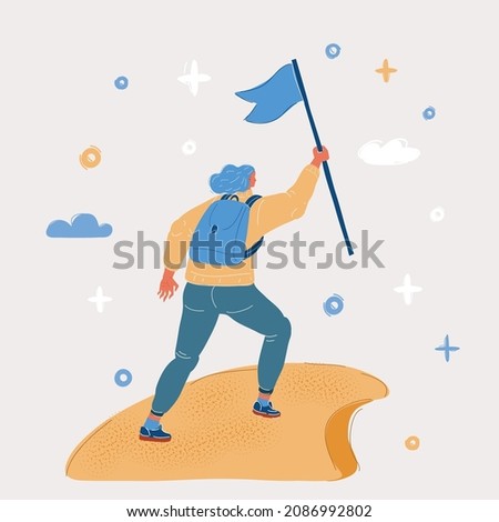 Cartoon vector illustration of womn on top of the world,