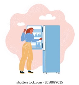 Cartoon vector illustration of womnan open Fridge