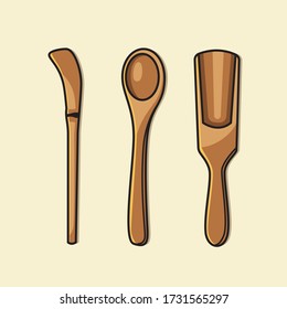 Cartoon vector illustration of wooden japanesse matcha tools pack fit for label and assets.