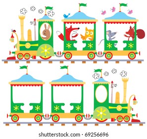 Cartoon vector illustration of woodland animal characters going for a ride in an old fashioned steam train. Also included is an empty train to which any other characters can be added.