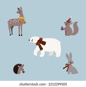 Cartoon vector illustration of woodland animals with winter accessories