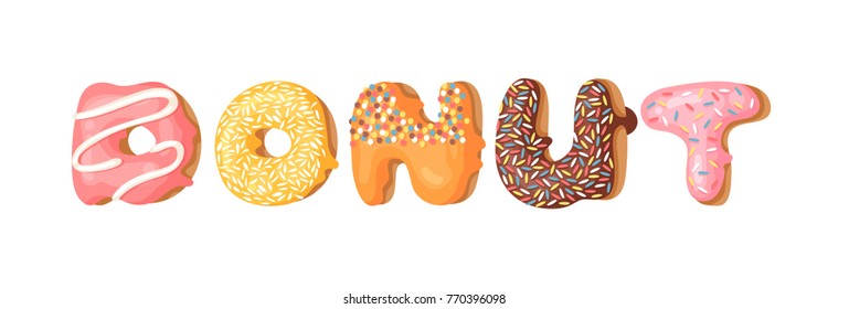 Cartoon vector illustration with word donut. Hand drawn drawing sweet bun. Actual Creative art work bake