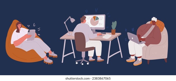 Dibujo vectorial de dibujos animados del concepto de trabajo en casa. Mujer independiente trabajando en una laptop en su casa, vestida con ropa de casa. Estudio en línea, educación sobre el fondo oscuro