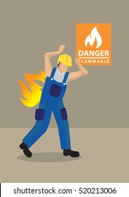 Cartoon vector illustration of worker in blue overall and yellow helmet caught in fire accident at workplace with Danger Flammable warning sign in background. Concept for workplace safety.