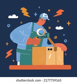 Cartoon vector illustration of worker at packeging line dealing with boxes. Delivery serves over dark backround