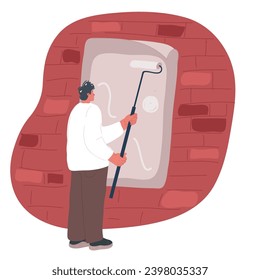 Cartoon vector illustration of worker painter sticks white poster. Ad Billboard