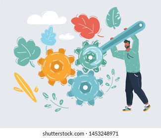 Cartoon vector illustration of worker with wrench and gears. Skillful man make repair. Isolated on white.