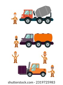 Cartoon Vector illustration of workers with trucks, workers waving hands. Car with concrete and mixer, tank and forklift