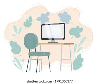 Cartoon vector illustration of Working place, home office workspace.