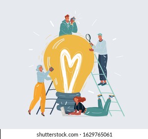 Cartoon vector illustration of working team work together. New Ideas. Big bulb light and tiny people characters get together around. Human character on white background.