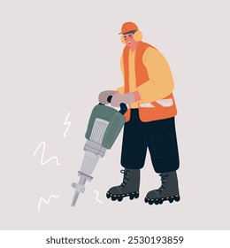 Cartoon vector illustration of workman using pneumatic drill. Worker with jackhammer