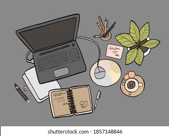 cartoon vector illustration of a workplace, desktop, with a computer, Notepad, flower, Cup of tea and pens