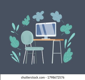 Ilustración vectorial de dibujos animados oficina en el lugar de trabajo sobre fondo oscuro.