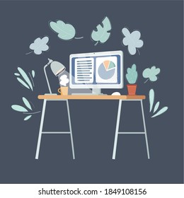 Cartoon vector illustration of workspace concept. Lamp, plant, display and mug of coffee on dark background