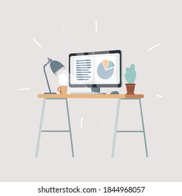 Cartoon vector illustration of workspace desks office concept. Lamp, plant, display and mug of coffee on white background.