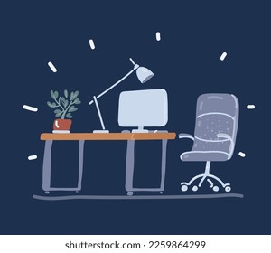 Ilustración vectorial de dibujos animados del espacio de trabajo para trabajo remoto en fondo oscuro