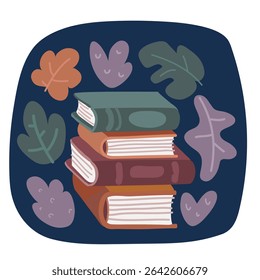 Cartoon vector illustration of World book day. Big stack of various books. Pile of colorful books. Hand drawn educational over dark backround