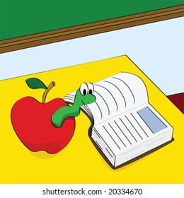 Cartoon vector illustration of a worm peeking out of an apple and reading a book in a classroom