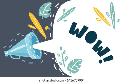 Cartoon vector illustration of Wow in speech bubble and loudspeaker on dark background. Banner and poster business, marketing, advertising concept template.