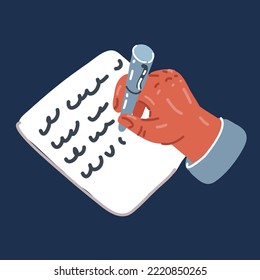 Cartoon vector illustration of Writer writing on paper sheet. Person hands with pen. Writing letter story, journalist author over dark backround