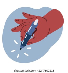 Cartoon vector illustration of writing hand. male hand hold pen