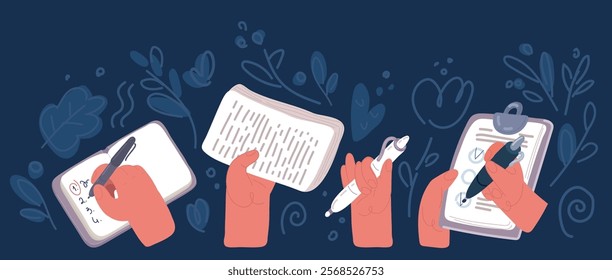 Cartoon vector illustration of Writing in notebooks and on paper hands. Cartoon human arms with pencil, pen, brush and tape, making diary, planner decoration, vector set over dark backround
