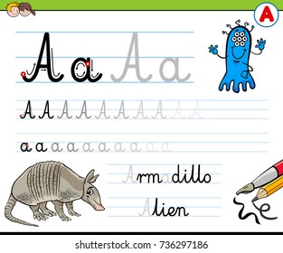 Cartoon Vector Illustration of Writing Skills Practice with Letter A Worksheet for Preschool and Elementary Age Children