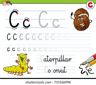 Cartoon Vector Illustration of Writing Skills Practice with Letter C Worksheet for Preschool and Elementary Age Children