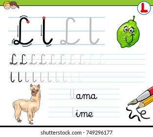 Cartoon Vector Illustration of Writing Skills Practice with Letter L Worksheet for Preschool and Elementary Age Children
