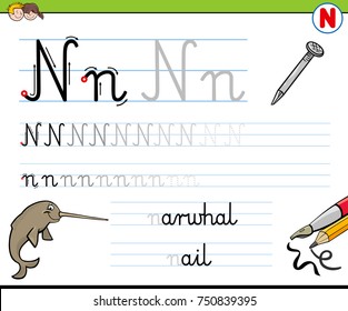 Cartoon Vector Illustration of Writing Skills Practice with Letter N Worksheet for Preschool and Elementary Age Children